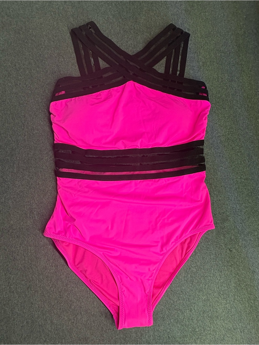 🆕Women’s Tempt Me Neon Pink & Black One Piece Crossover Swimsuit Size Large